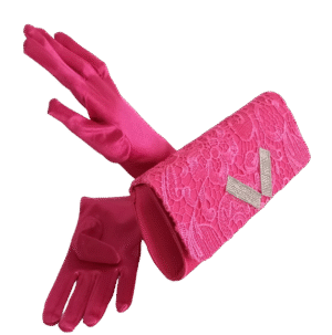 Bolso-Cartera Encaje Fucsia y Guante Raso Corto, conjunto exclusivo que une elegancia, estilo y sofisticación para tus eventos especiales.