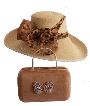 Conjunto Sombrero Grande Beige y Bolso Camel Lazo