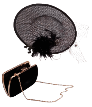 Conjunto Sombrero Negro Rejilla Pluma y Bolso Cartera | Elegancia moderna y funcionalidad para eventos, salidas y estilo diario con accesorios únicos