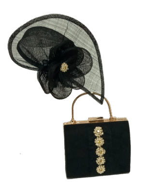 Conjunto tocado y bolso negro elegante y exclusiva | Complemento sofisticado para bodas, eventos y looks únicos con estilo y comodidad.