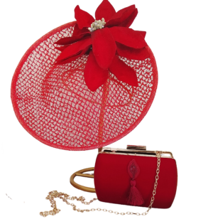 Conjunto Tocado Rojo y Bolso-Cartera Rojo Oscuro
