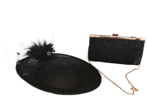 Conjunto Sombrero Negro Rejilla Pluma y Bolso Cartera