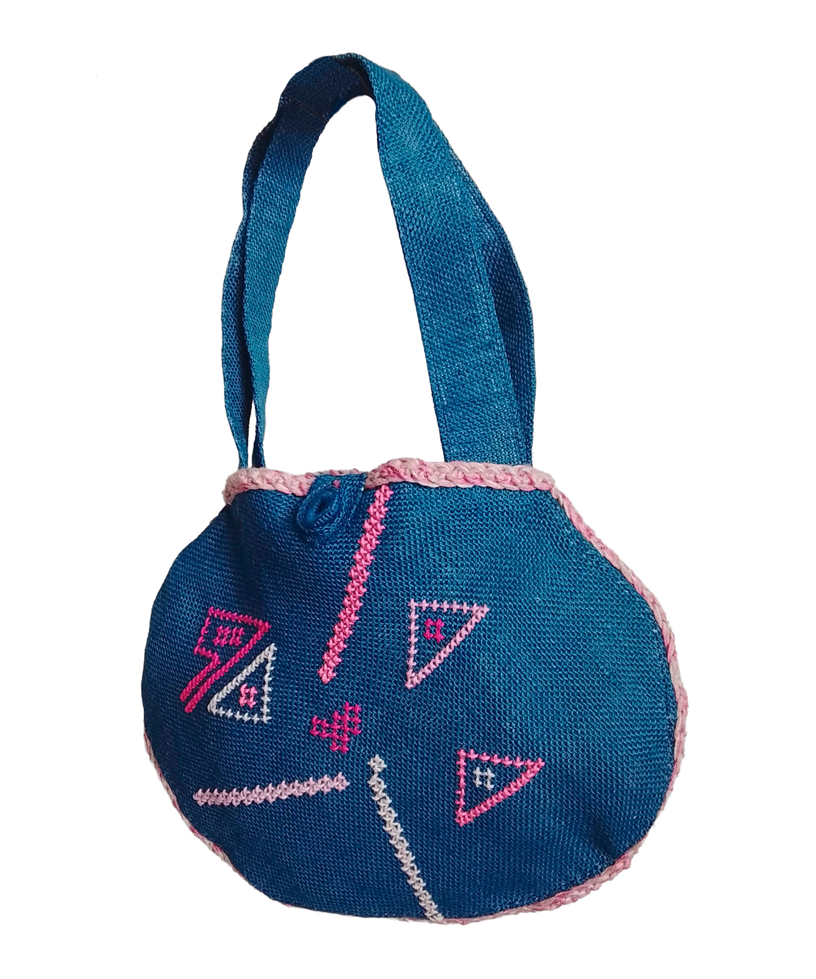 BOLSO AZUL OVALADO ADORNOS ROSA