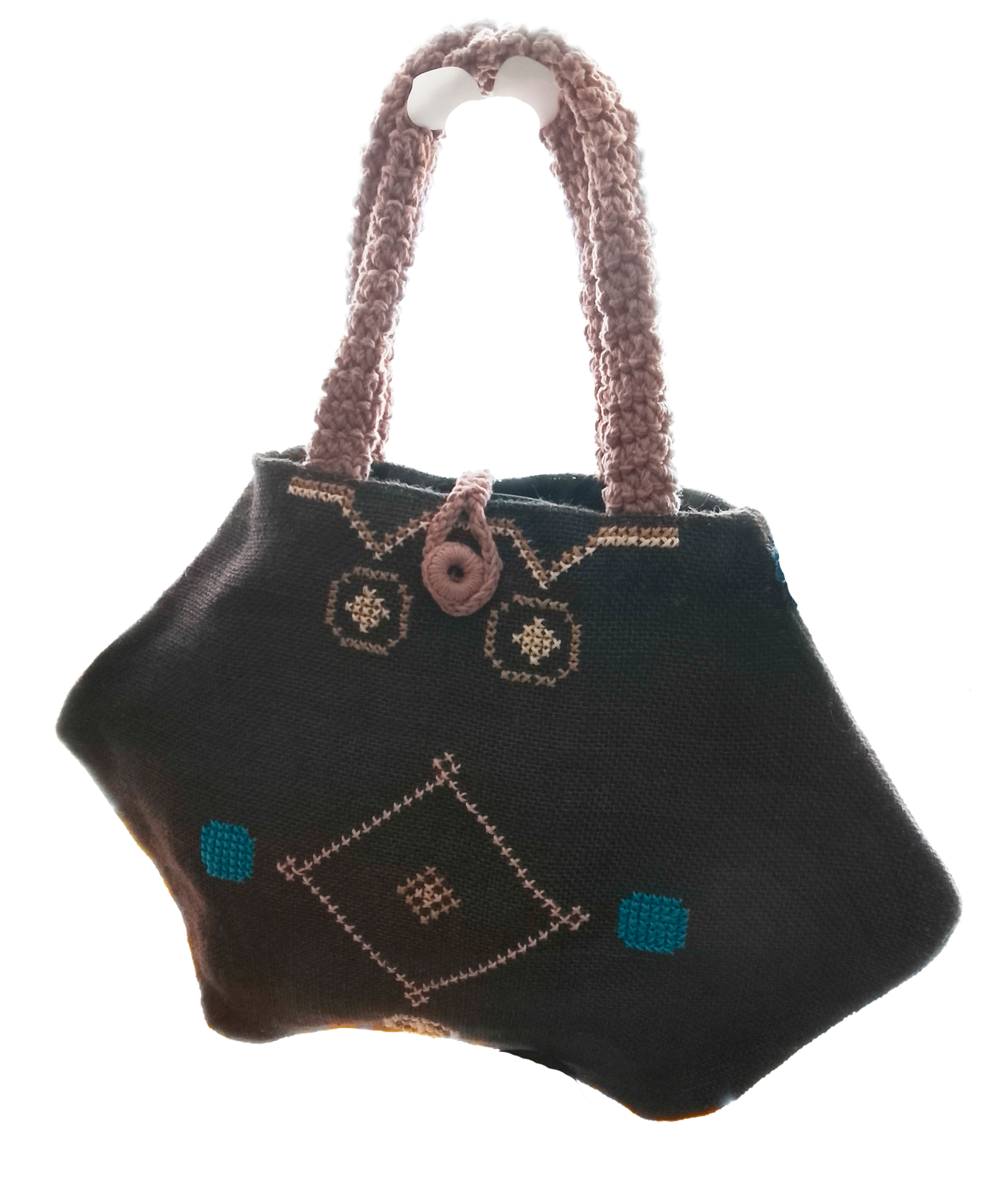 BOLSO MARRÓN HEXÁGONO BORDADO ASAS CROCHET